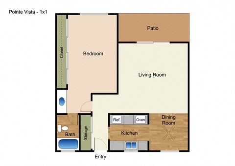 Floor plan for 1 bed, 1 bath, 750 sqft